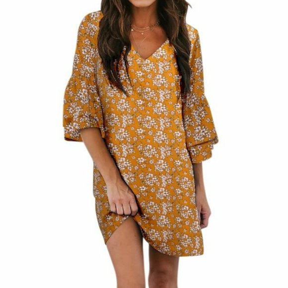Vintage Dresses & Skirts - 🌵Belongsci Mustard Floral Bell Sleeve Mini Dress